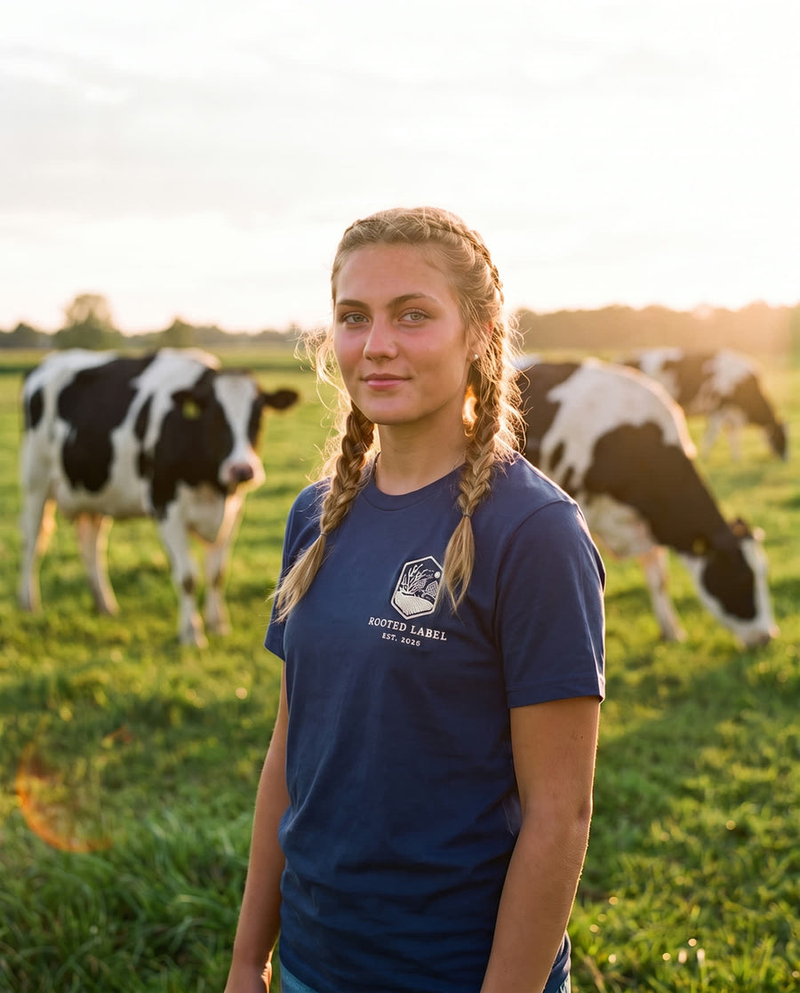 Rooted Label Dames T-shirt navy - vooraanzicht met logo, in het weiland