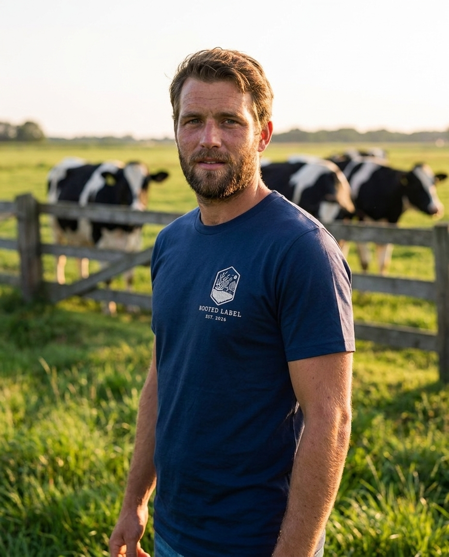 Rooted Label Heren T-shirt navy - vooraanzicht met logo, in het weiland