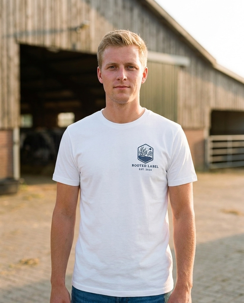 Rooted Label Heren T-shirt wit - vooraanzicht met navy logo, op het erf