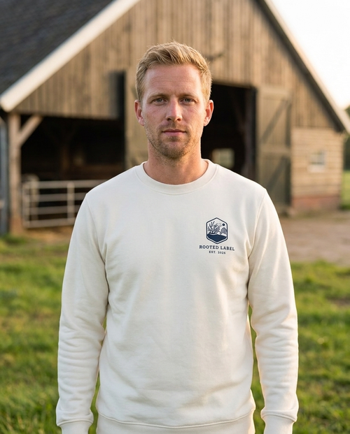Rooted Label Heren Sweater wit - vooraanzicht met navy logo, op het erf