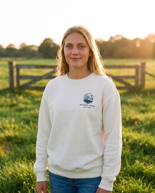 Rooted Label Dames Sweater wit - vooraanzicht met navy logo, in het weiland