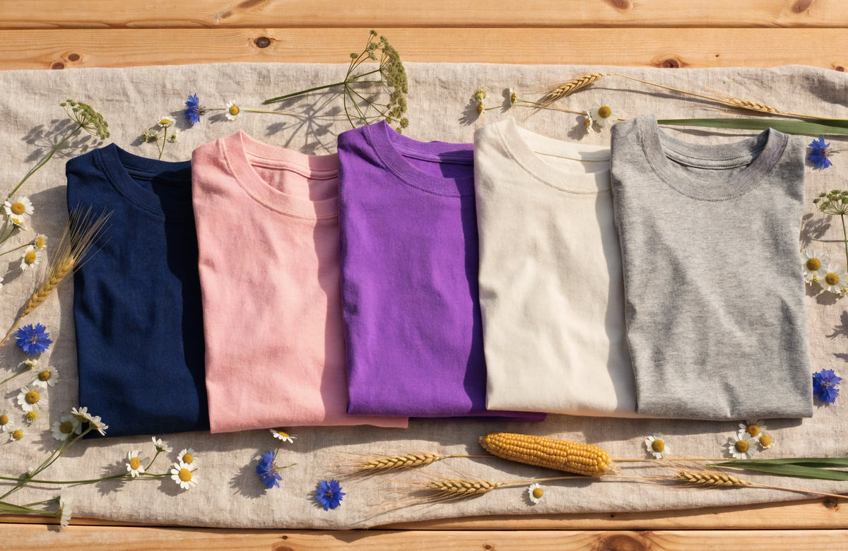 Rooted Label t-shirts in navy, blush, paars, wit en grijs op zonnig linnen