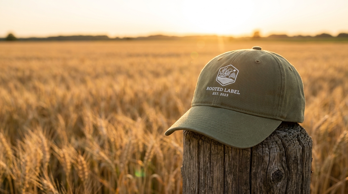 Rooted Label accessoires — olijfgroene pet op houten hek voor gouden akker